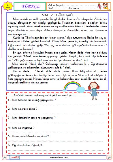 2. Sınıf Türkçe Okuma ve Anlama Metni Etkinliği (Mine ve Gökkuşağı)